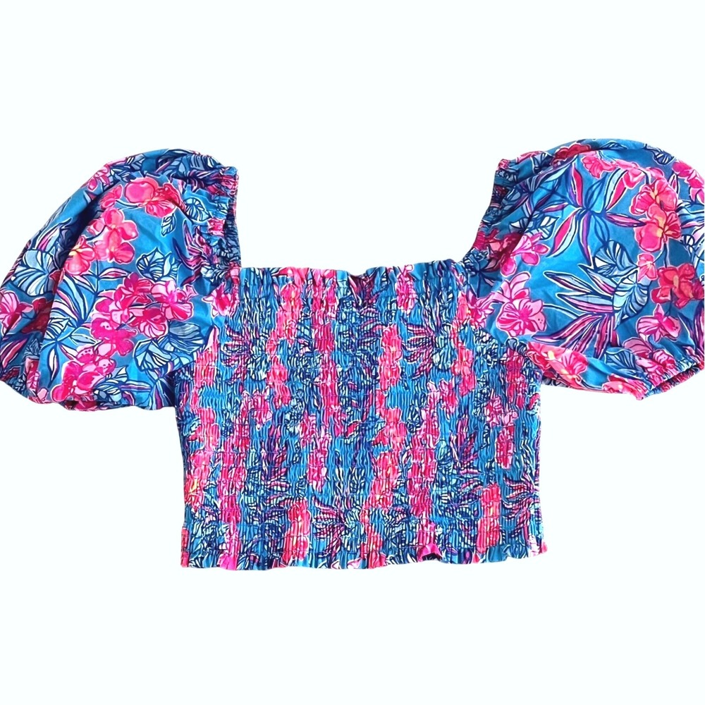 Lilly Pulitzer Aston Maxi‎ Top Cumulus Blue Orchid Oasis floral Puff Sleeve XS